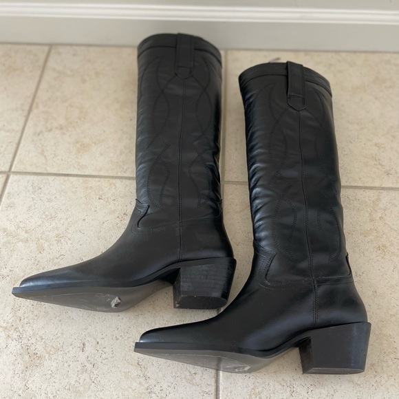 NWT Zara Leather Knee High Cowboy Boots - Size 7.5 (EU 38) - Picture 1 of 10